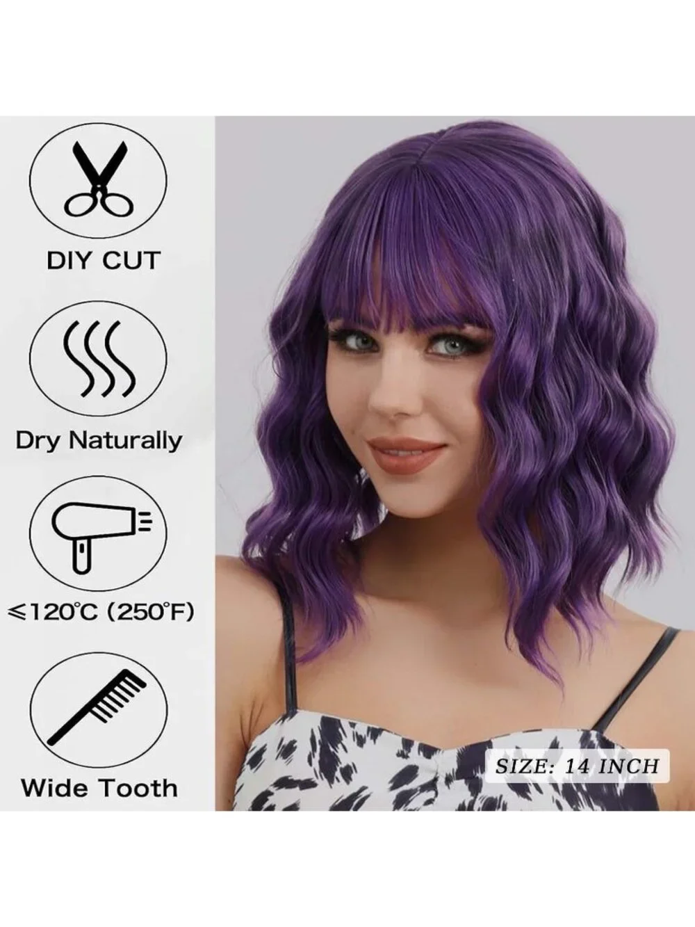 Women's Dark Purple 14 Inch Heat Resistant Short Bangs Bob Modern Wavy Wigs